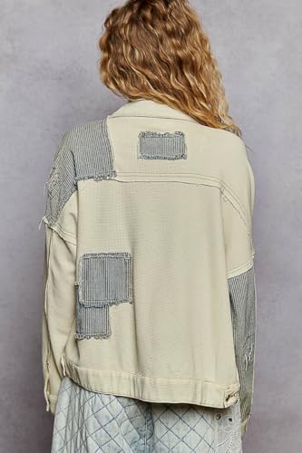 POL Clothing Women's Distressed Denim Jacket, Button Down Collar, Thermal Mixed Fabric, Oversized Fit, Striped Patchwork4
