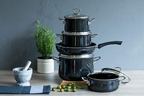 Foto von Riess, 0558-009, Emailieset Black Magic, 5-teilig, bestehend aus: Fleischtopf mit GD � 16, 20, 24 cm, Kasserolle mit GD � 20 cm, Email Pfanne � 28 cm, extra stark
