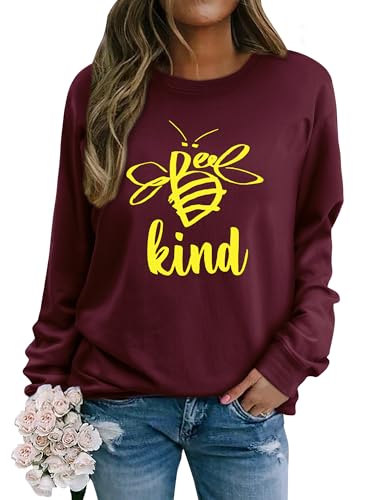 Image of WIEIYM Women's Sweatshirts Be Kind Sweatshirt Cute Bee Graphic Crewneck Sweatshirt Funny Long Sleeve Tops Basic Pullover for Spring Autumn Winter Burgundy