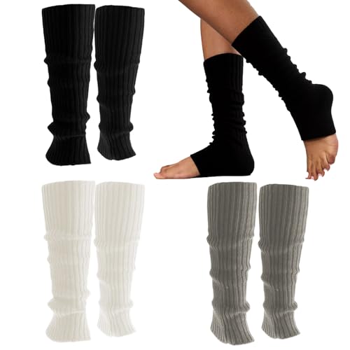 3 paia di scaldamuscoli, calzini a costine anni '80 da donna, eleganti calzini Y2k per sport, feste, yoga, balletto, accessori per donne e ragazze, nero, bianco, grigio, 40cm/15.7inch