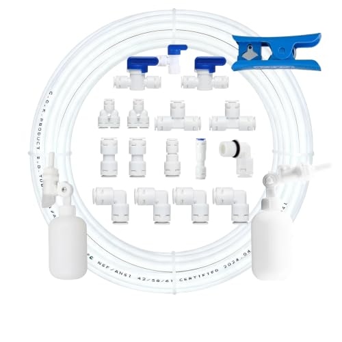 1/4 inch Tube Float Valve Kit for RO Water Reverse Osmosis System. Refrigerator Water Line Kit 1/4"O.D,30 FT Water Tubing(2 float ball valve 16connectors and 1/4" Water tubing) White