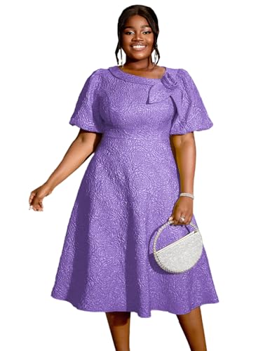 Image of AOMEI Women's Irregular Neck with Flower Short Puff Sleeve High Waist A-Line Jacquard Dress