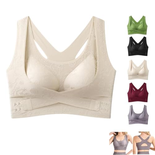Sujetador cómodo para mujer con diseño cruzado de realce y modelado | Sujetador sin aros con efecto esculpidor | Sujetador corrector de postura | Sujetador de compresión y soporte (Apricot,L)