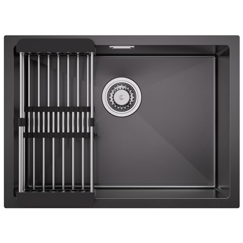 CECIPA Fregadero Cocina Negro 60 x 44cm, Fregadero Bajo Encimera o Sobre Encimera, Fregadero Cocina 1 Seno de Acero Inoxidable con Cesta de Filtro Extensible, Sifón y Kit de Drenaje