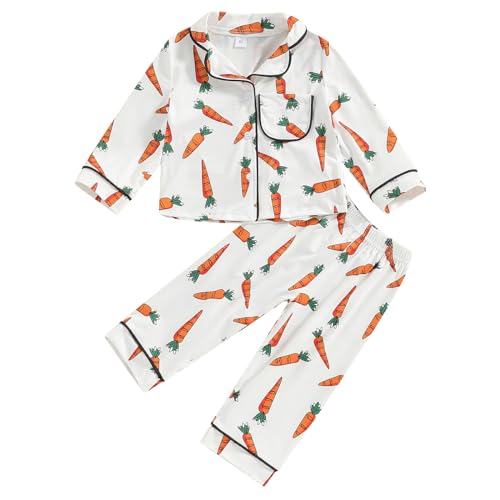 2PCs Toddler Baby Kids Easter Pyjamas Clothes Set Carrot Print Button Lapel Shirt Long Pants Trousers Sleepwear Nightwear Loungewear (White, 2-3 Years)