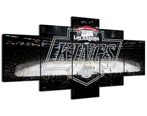 SAARAV Ice Hockey Wall Art 5-Pieces Canvas Print (Full Size: 80x150cm Framed Ready to Hang) Los Angeles Hockey Rink With Neon-Effect Kings Emblems, Sports Bar Man Cave Decor