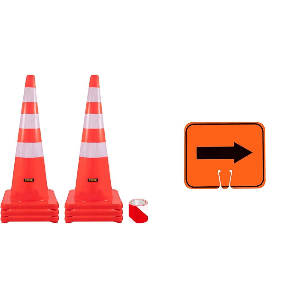 VEVOR Safety Cones, 6 x 36" Traffic Cones, PVC Orange Construction Cones & Cortina ABS Plastic Traffic Cone Sign, Reversible Arrow" 03-550-2WA, 12.75" Width x 10.375" Height, Orange