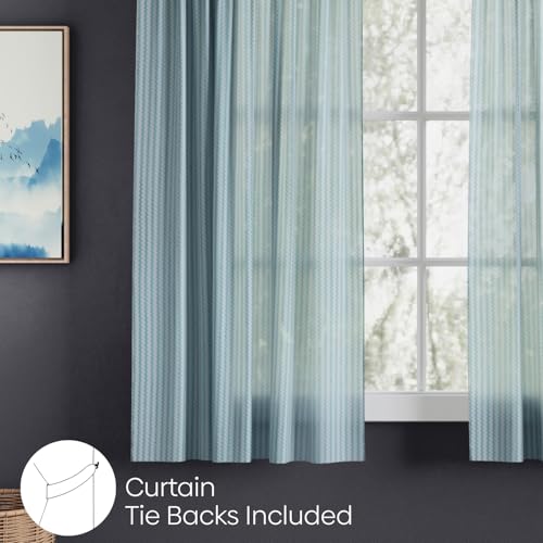 Image of haus & kinder Jacquard Sheer Window Curtains 5 Feet Long Pack of 2 Window Curtains, 5 Feet Curtains for Window, (Abstract Geometric Design, Aqua Strand, 114x152cm)