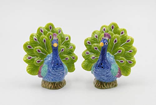Fine Porcelain Peacock Open Fan Tail Salt & Pepper Shakers Set, 3-1/8" H #TOP3