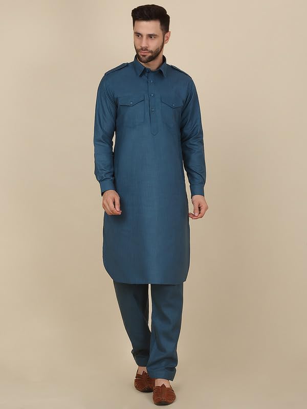 Image of KRAFT INDIA Men's Cotton Pathani Kurta With Drawstring Salwar Set