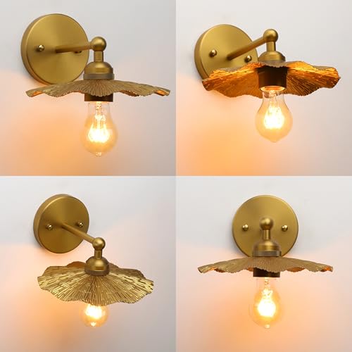 Image of Phansthy Hardwired Wall Lighting, Barn Wall Sconces Antique Brass Indoor Wall Lights with Hammered Metal Lotus Leaf Texture Shade, Vanity Wall Lamp for Bathroom Bedroom Kitchen (One-Light 2 Pack)