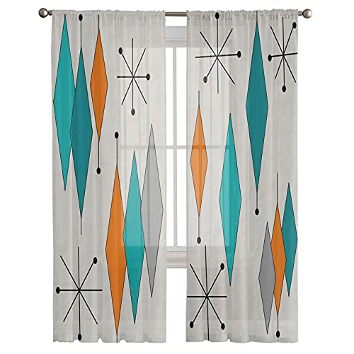 Sailground Window Sheer Curtains For Bedroom Retro Mid Century Modern Geometric Diamond Elegant Natural Window Treatments Light Filtering Rod Pocket Voile For Living Room #TOP1