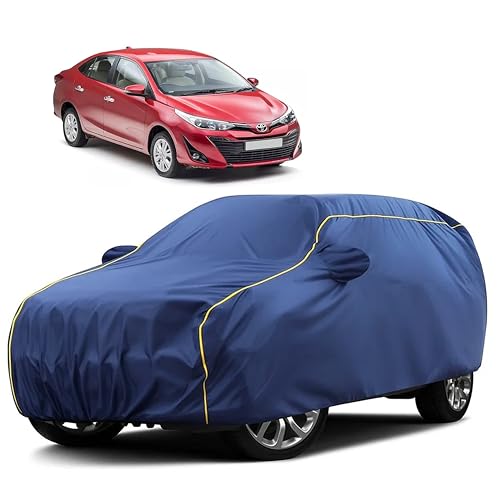 Image of Sulfar 100% Water Resistant Car Body Cover Compatible with Mirror for Toyota Yaris (Triple Stitched, Full Bottom Elastic, Blue Taffeta with Yellow Piping)