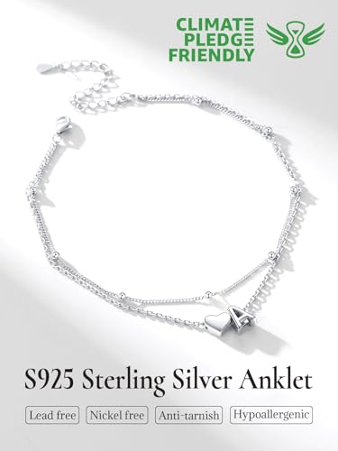 Image of SILVERCUTE Silver Anklets for Women, Waterproof Initial Heart Ankle Bracelets Sterling Silver, Adjustable Layered Foot Jewelry Summer Beach Fashion with Personalized Name Design, Gift Package