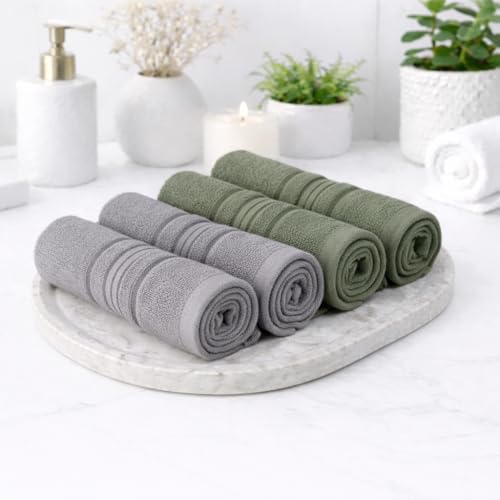 Image of Cotton Face Towel Pack of 4, 100% Cotton Towels, Soft Absorbent Small Gym Towel for Face, 400 GSM Quick Dry Bathroom & Travel Towels Men & Women, 30 x 30 cm, Grey & Green