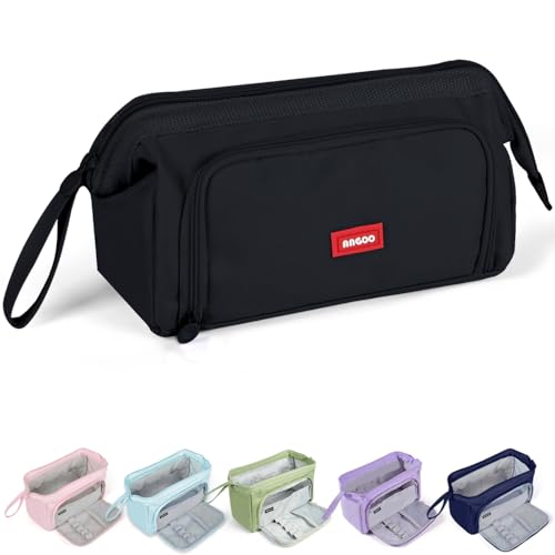 Large Pencil Case Big Capacity, Wide Opening Pencil Case Bag with Compartments for Girls Boys, Aesthetic Pencil Pen Bag Pouch Stationery Storage Organizer for School Office College Students (Black)
