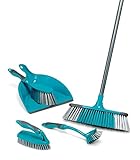 Beldray LA024152TQ Cleaning Bundle with Broom - Dustpan and Brush Set, Scrubbing & Dish Brushes, Long Handled Indoor Floor Sweeping, Washing Up Brushes, Bathroom/Tile/Grout Cleaner, Soft Grip, Blue