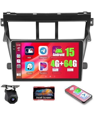 Realdio Carplay Android 15 4 + 64 Go pour Toyota Vios 2009-2014 Autoradio sans fil Android Auto, stéréo avec écran tactile 9" WiFi Bluetooth5.0 GPS FM/RDS EQ SWC + caméra de recul