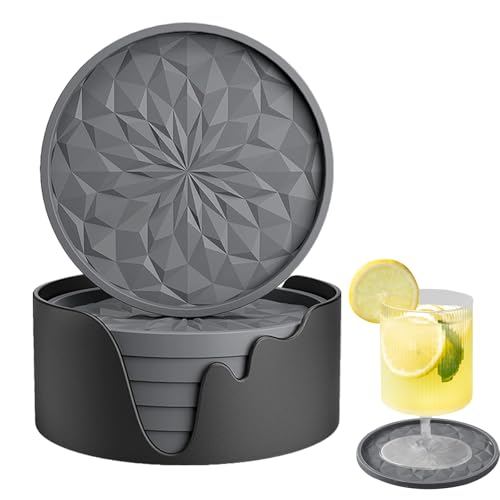 Alwodici 6pcs Silicone Coasters With Holder Drink Cup Mat Round Table Pads Set Reusable Drinking Coasters Thick Coaster Anti Slip Suitable For Families Gatherings Offices And Cafes (Grey)