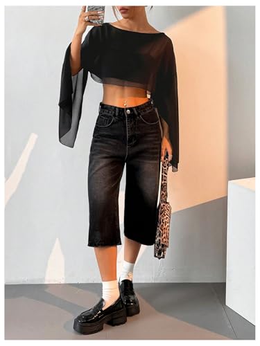 Women's Y2K Blouse Sheer Flowy Tops Crop Blouses Dressy Poncho Tops Boat Neck Long Sleeve Loose Chiffon Shirts4