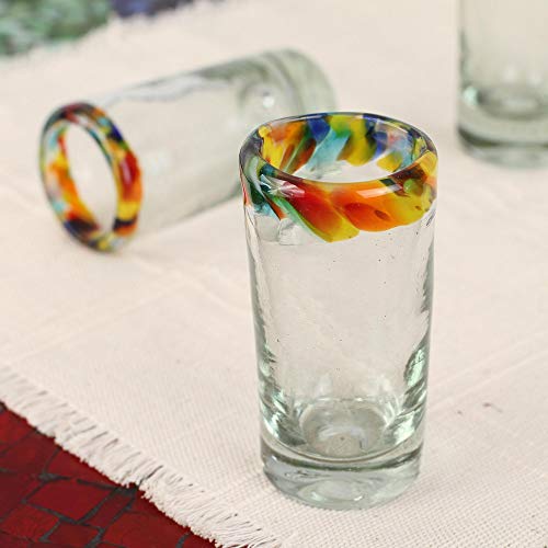 Novica Hand Blown Rim Shot, 2 Oz. 'Confetti' (Set Of 6) Recycled Glass, 3.5"Tall, Multicolored #TOP1