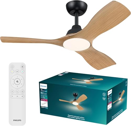 PHILIPS Olas, Ventilatore a soffitto LED, 3 Pale, 107 cm, Nero/Legno