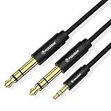 Cable adaptador de jack de 6.35 3.5 divisor de audio 3.5 mm 1/8 "macho a 2 x 6.35 mm 1/4" macho. conectando su conector de audio con una salida de conector de 3,5 mm a un dispositivo con dos entradas de conector de 6,35 mm.