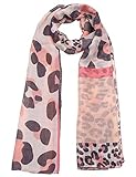 Der trendige Schal ist mit breiten Streifen in Koralle; Rosa; Grau und Weiß versehen. Die weißen Streifen werden durch unterschiedlich große Leo-Muster ergänzt. Ein Muss für die kalten Tage