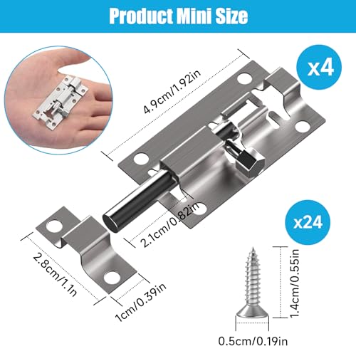 4 Pcs Door Lock Bolt Small Door Bolt Lock 2 inch Sliding Latch Lock with Screws Door Security Barrel Bolt Latch Mini Stainless Steel Latch for Garden Gate Pet Doors Bathroom Storage Units(5 * 2.7CM) - Image 2