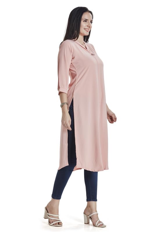 Image of nioni Women's Straight Solid Kurti with V-Fold Neck | Rayon Lycra Material | Fashionable Micro Pleates | 3 /4th Sleeve Kurta for Woman & Girls (S to 2XL)