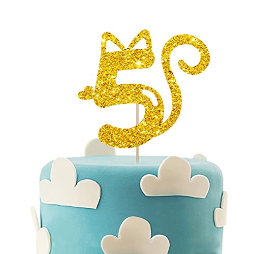 Cat Five Cake Topper, Number 5 Cake Topper For Baby Girl, Kitty Happy 5Th Birthday Party Supplies, Pet Cat One Year Old Party Decoration - Gold Glitter #TOP8