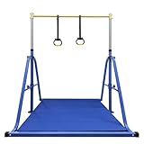 Peakpath Foldable Gymnastics Kip Bar with Mat and Ring Set,3' to 5' Height Adjustable,Kids Gymnastic Equipment for Ages 3-15,Indoor and Home Training- Max Load 260LBS (Dark Blue, 4.8FT)