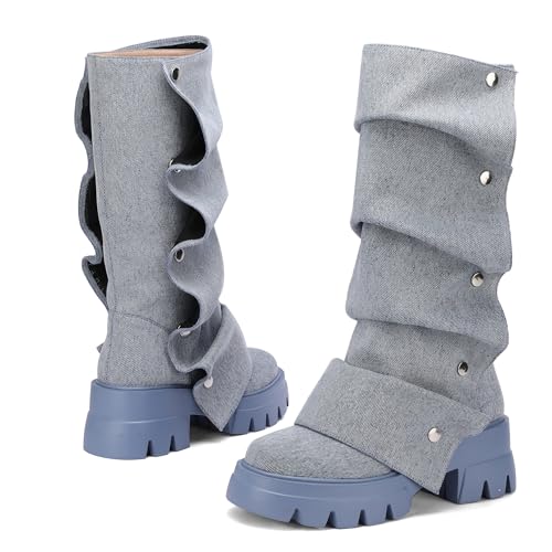 Women's Platform Mid-Calf Boots Fold Over Slouchy Style with Removable Ruched Panel Round Toe 3-In Chunky Heel Boots4