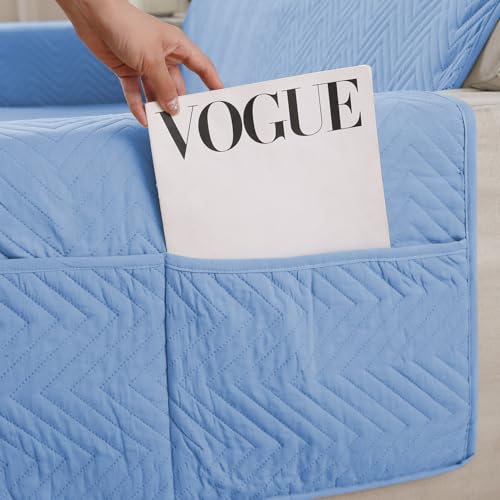 Image of HOKIPO Polyester 1 Seater Quilted Sofa Cover with Pockets, Blue (In-801-Bl)