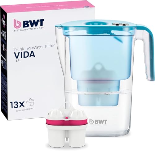 Caraffa filtrante BWT Vida Blu con 13 cartucce al magnesio | filtro acqua rubinetto | riduzione calcare cloro metalli | per bere, cucina, tè, caffè | design compatto e pratico
