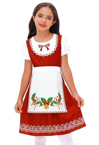 Girl Mrs. Santa Claus Dress Christmas Party Jingle Bells Dress Holiday Puff Sleeve Dresses 9-10 Years