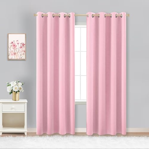 Image of KOUFALL Bubble Gum Pink Blackout Curtains for Girls Room, Cute Light Pink Nursery Curtains Girl, Princess Black Out Girly Curtains for Kids Bedroom, 2 Panels, 52 Inch Wide x 84 Inch Long