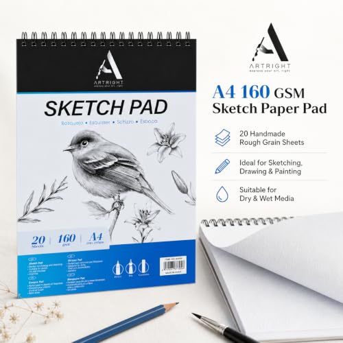 Image of ArtRight A4 Portrait Sketch Pad - 20 Sheets, 160 GSM, Spiral Bound Sketch Book for Pen, Pencil, Ink, Mandala and Charcoal Media (Acid-Free Sheets)