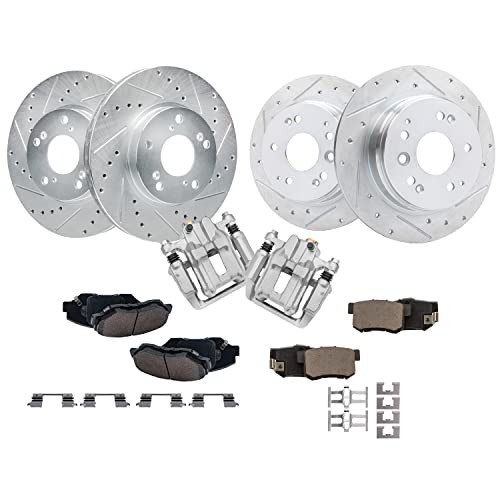 Image of Detroit Axle - Brake Kit for 2003-2011 Honda Element, Rear Brake Calipers and Front Rear Drilled & Slotted Brakes Rotors Ceramic Brakes Pads 2004 2005 2006 2007 2008 2009 2010 Replacement