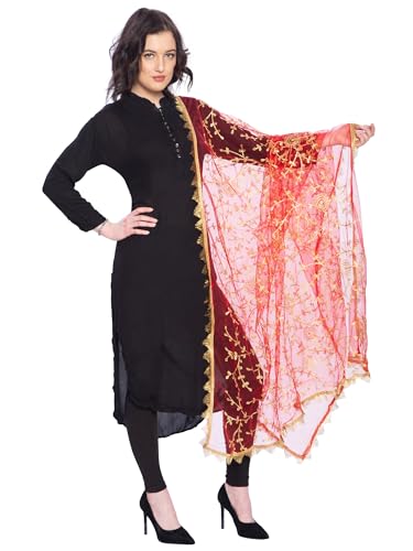 Image of ZEN APPAREL Women's Embroidered Net Dupatta with Lace Borders (Z-101) Premium Net Fabric Golden Aari Work