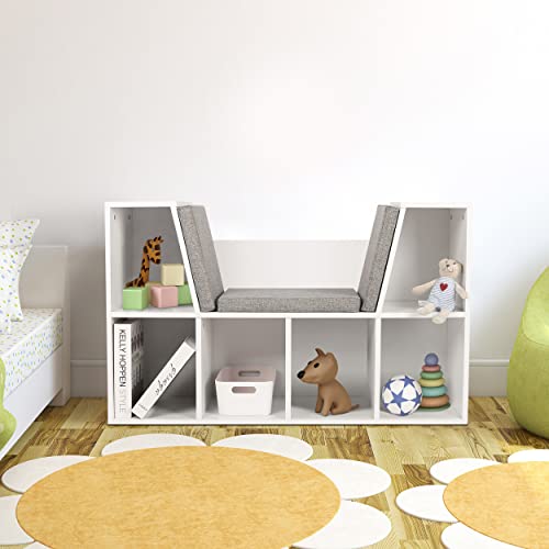 Image of MUPATER Kids Reading Nook Organizer with Storage Bookshelf and Detachable Cushions, 6-Cubby Bookcase Cabinet for Kids Room and Bedroom, White