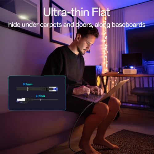 Image of Cat8 Flat Ethernet Cable 3 FT Indoor & Outdoor, Invisable Ultra-Thin Ethernet Cable High Speed 40Gbps 2000Mhz, Flexible Shielded Internet Cable, Cat 8 SFTP Network Cable for Home /Office /Gaming, Black