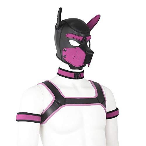YiQin RWSX Weiche Latex-Hundemaske mit Ohren, Welpenmaske für Cosplay-Party-Maskerade Set (Maske, Halsband, Armbinde, Riemen) (Color : Pink, Size : Large)