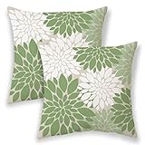 AEIOAE Sage Green and White Dahlia Pillow Covers 18x18 Inch Set of 2, Floral Outdoor Decorative Thro
