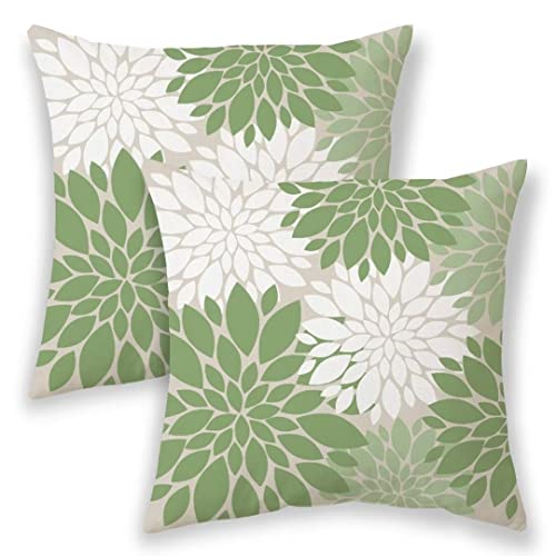 Aeioae Sage Green And White Dahlia Pillow Covers 18X18 Inch Set Of 2, Floral Outdoor Decorative Throw Pillows Farmhouse Linen Modern Geometry Flower Cushion Case For Sofa Couch Bed Decor #TOP22