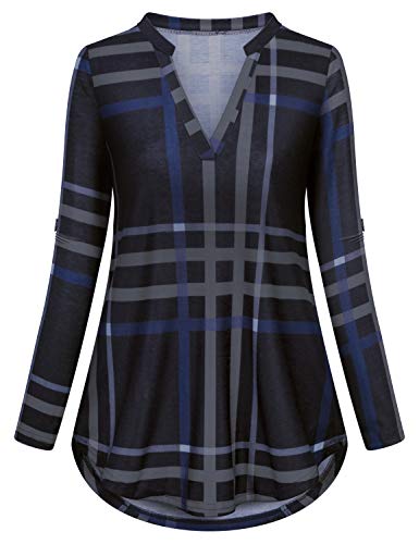 Viracy V Neck Long Sleeve Women, Maternity Blouse 3/4 Roll Tab Sleeve Boutique Clothing Dressy Tunic Shirt For Leggings V Neck Contemporary Loose Pattern Tunic Top Checkered Black M #TOP1
