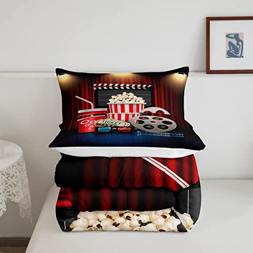 Homewish Vintage Cinema Ticket Full Size Comforter Set,Movie Theater Theme Bedding Set For Adults Teens,Children Filmstrip Comforter Luxury Popcorn Quilt Set Room Decor 3Pcs #TOP4