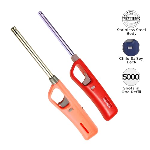 Image of Genesis Refillable Windproof Gas Flame Lighter Long Reach Utility Lighters for Kitchen, Stove, BBQ, Candles, Camping Indoor Outdoor Use, Refillable Gas Safety Lighter (Orange, Red) (Pack of 2)