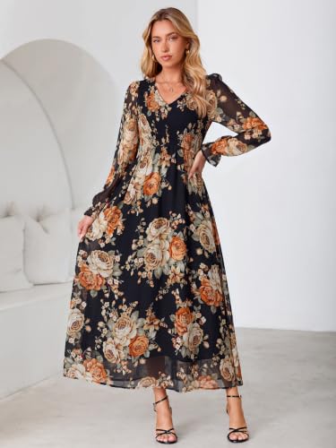 Simplee Womens Long Sleeve Floral Wedding Guest Boho Maxi Dress,Navy L — view 2
