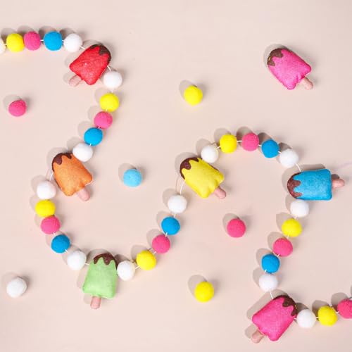 Image of FYSUIMU 8.2 Ft Summer Ice Pop Felt Banner Colored Popsicle Pom Pom Ball Pre-Strung Banner Ice Cream Hanging Garland Ornament for Party Home Classroom Wall